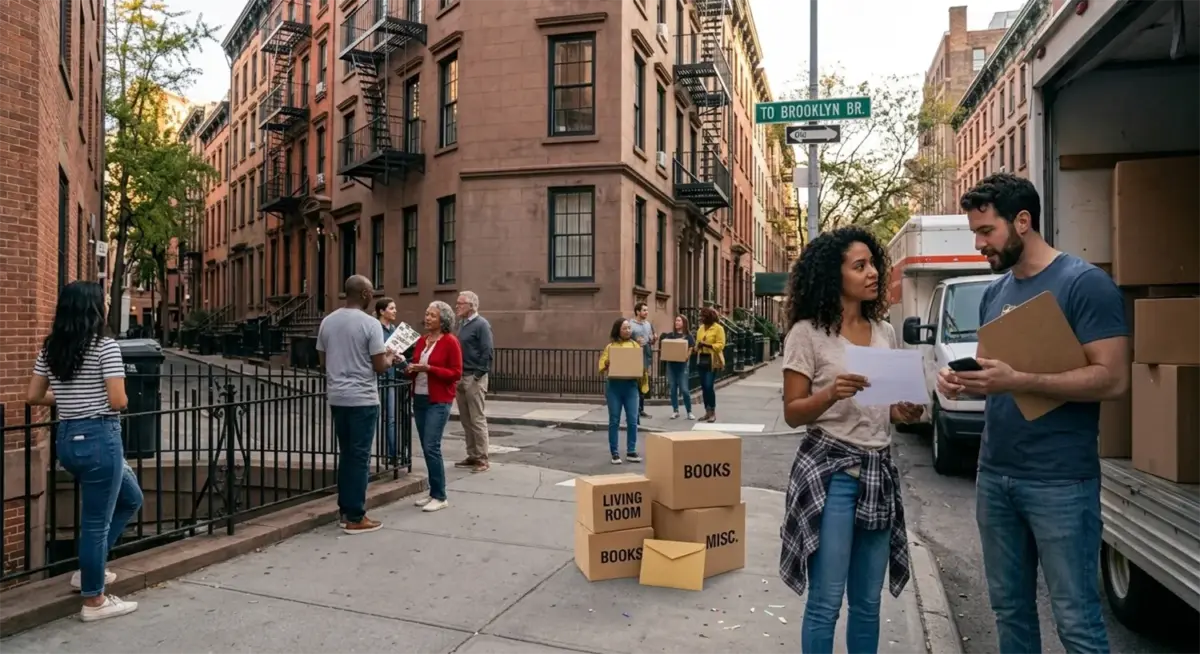 Man and woman talking beside a moving truck moving into a NYC apartment