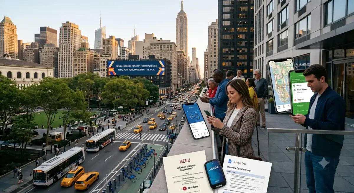 Terrace in NYC with people - a woman and a man - accessing different NYC best digital tools for traveling